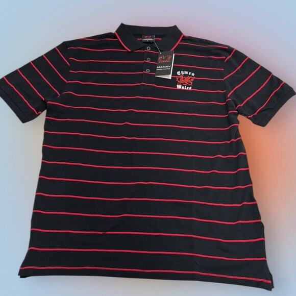 MANAV U.K. Men’s Large Black and Red Striped CYMRU WALES Polo Shirt - Picture 2 of 3